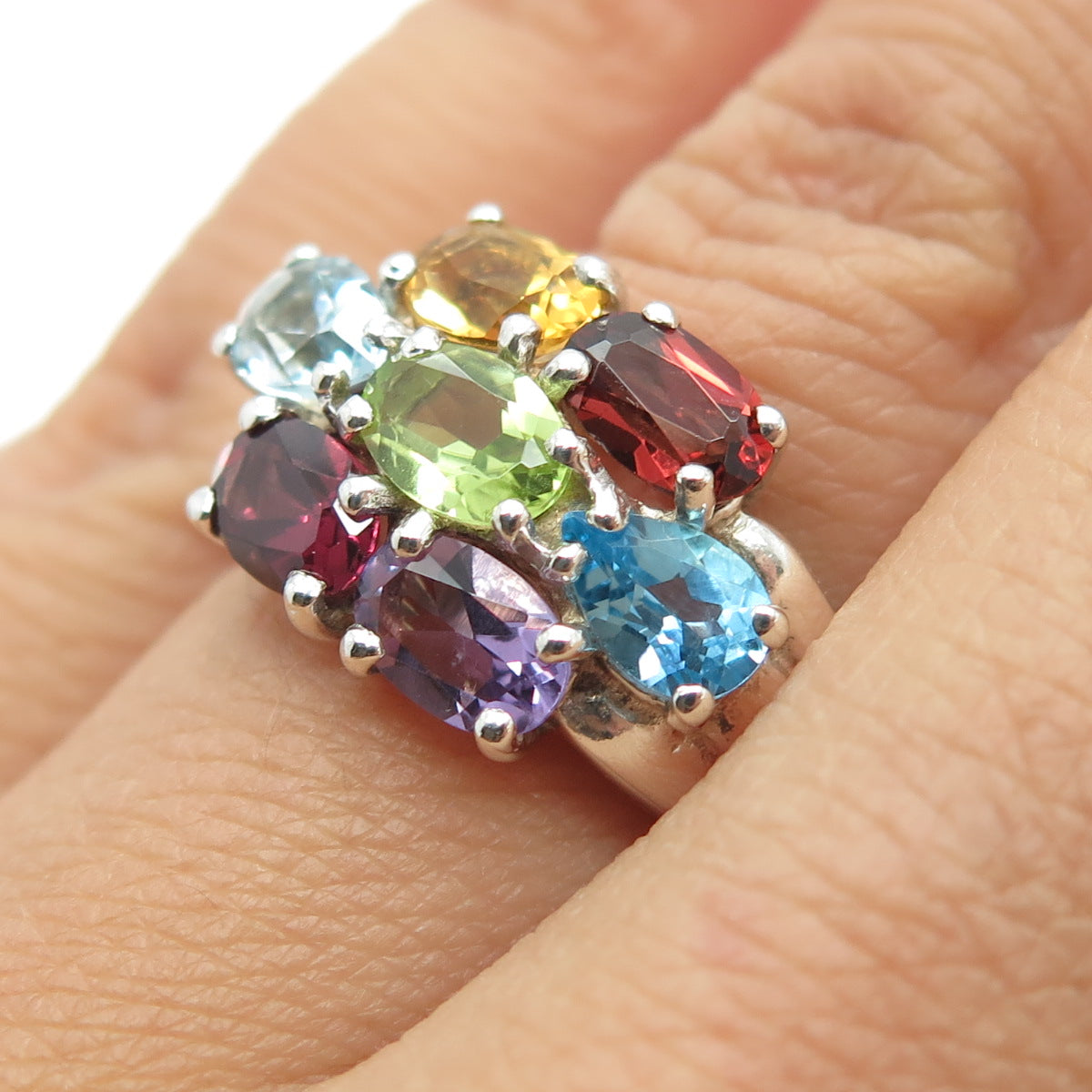 925 Sterling Silver Vintage Topaz Amethyst Citrine Peridot & Garnet Ring Size 6