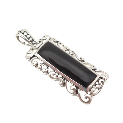 925 Sterling Silver Vintage Real Black Onyx Ornate Oxidized Pendant