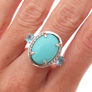 925 Sterling Silver Real Turquoise Blue & White Topaz Ring Size 8