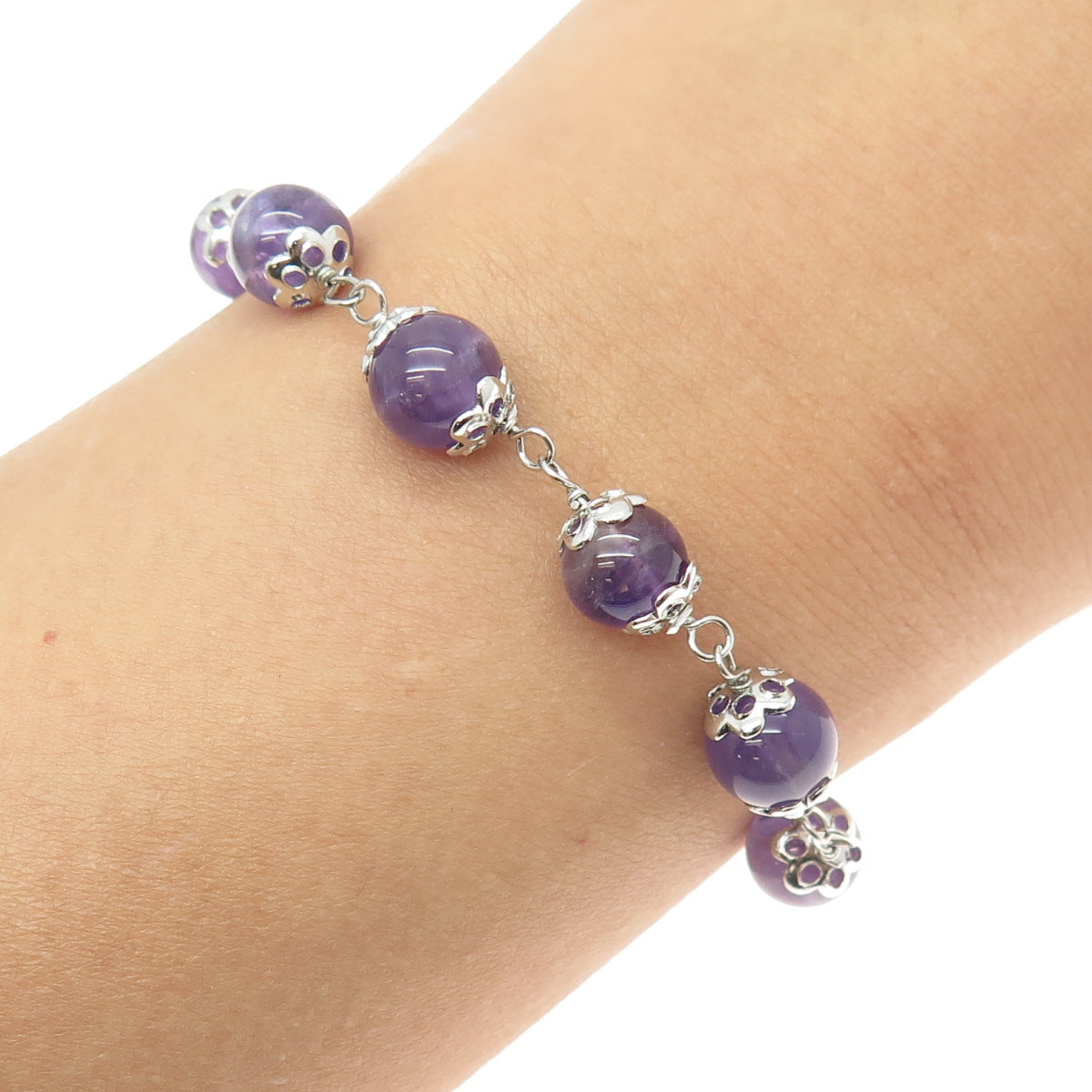 925 Sterling Silver Real Amethyst Gemstone Box Link Anklet 9.5"