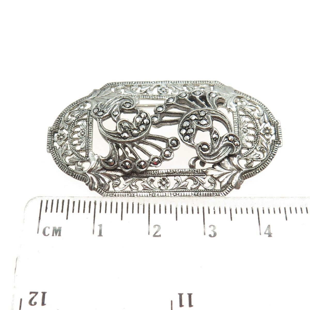 925 Sterling Silver Antique Art Deco Marcasite Gem Floral Leaf Ornate Brooch