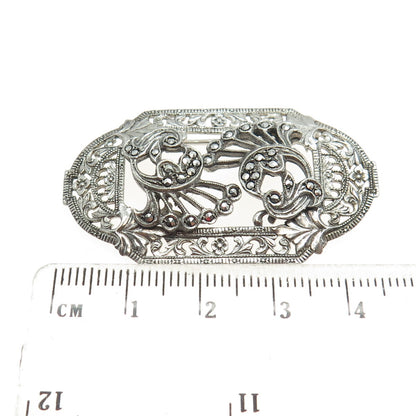 925 Sterling Silver Antique Art Deco Marcasite Gem Floral Leaf Ornate Brooch
