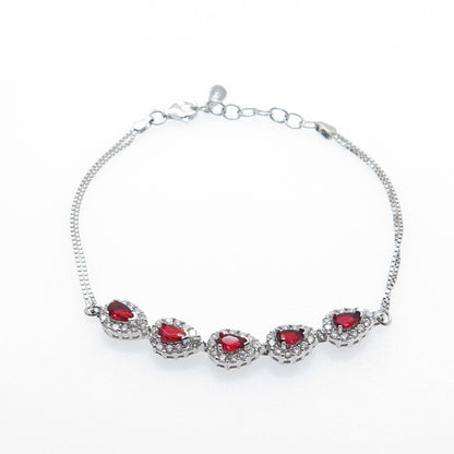 925 Sterling Silver Pear & Round-Cut Red White C Z Teardrop Bracelet 6.5-7.5"
