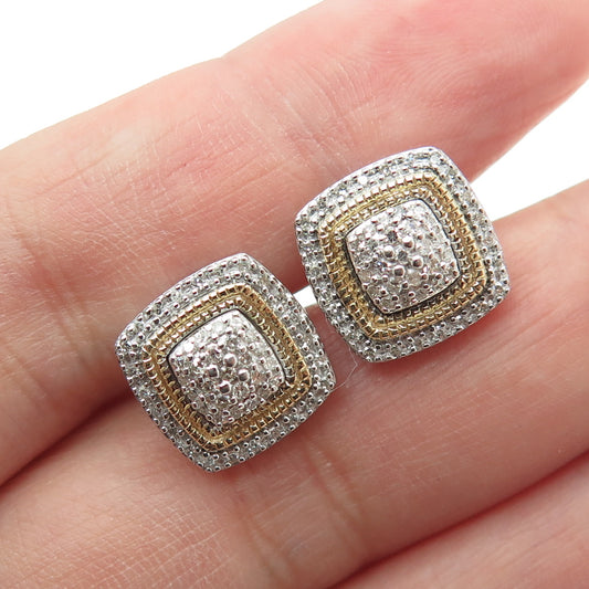 SUN 925 Sterling Silver & 10K Gold Real Round-Cut Diamond Cushion Stud Earrings