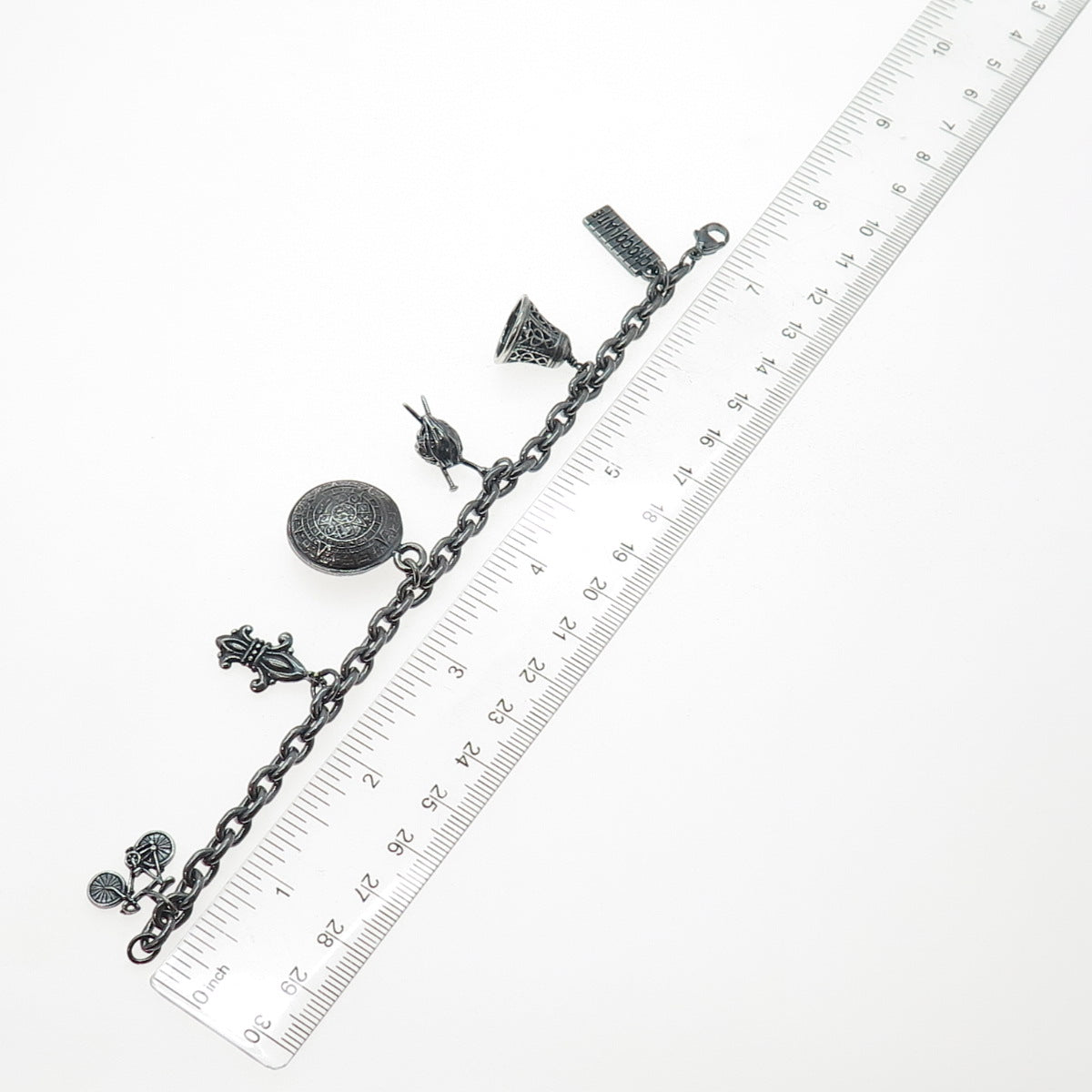SUNDANCER 925 Sterling Silver Vintage Multi-Charms Oxidized Bracelet 6.75"