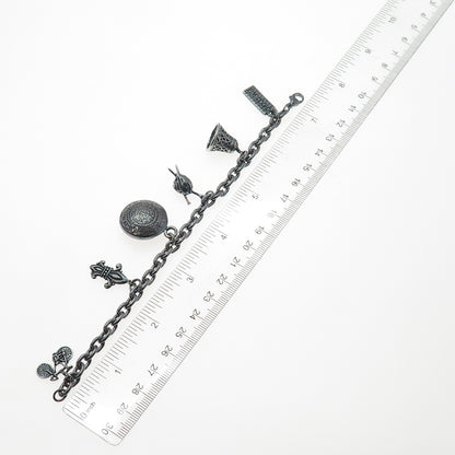 SUNDANCER 925 Sterling Silver Vintage Multi-Charms Oxidized Bracelet 6.75"