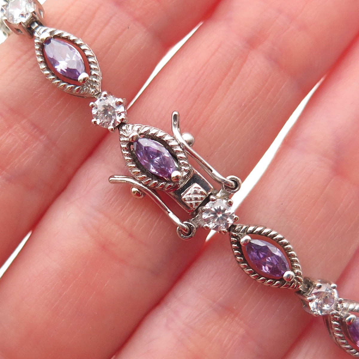 925 Sterling Silver Marquise-Cut Purple & Round-Cut White C Z Bracelet 7.25"