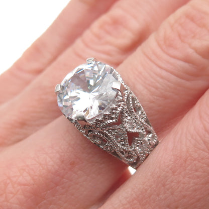 925 Sterling Silver Round-Cut C Z Floral Scroll Ring Size 9