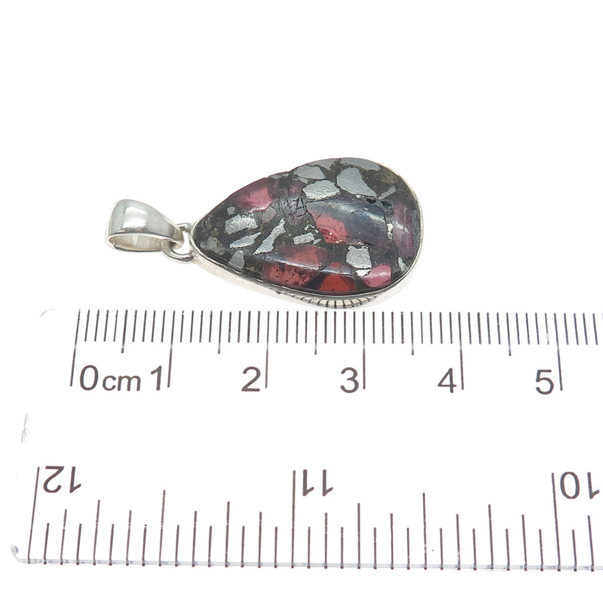 925 Sterling Vintage Real Pyrite Tourmaline & Red Garnet Inlay Modernist Pendant