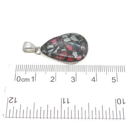 925 Sterling Vintage Real Pyrite Tourmaline & Red Garnet Inlay Modernist Pendant