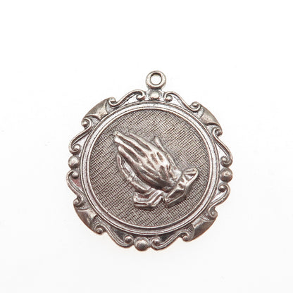 925 Sterling Silver Vintage Prayer Hands Oxidized Charm Pendant