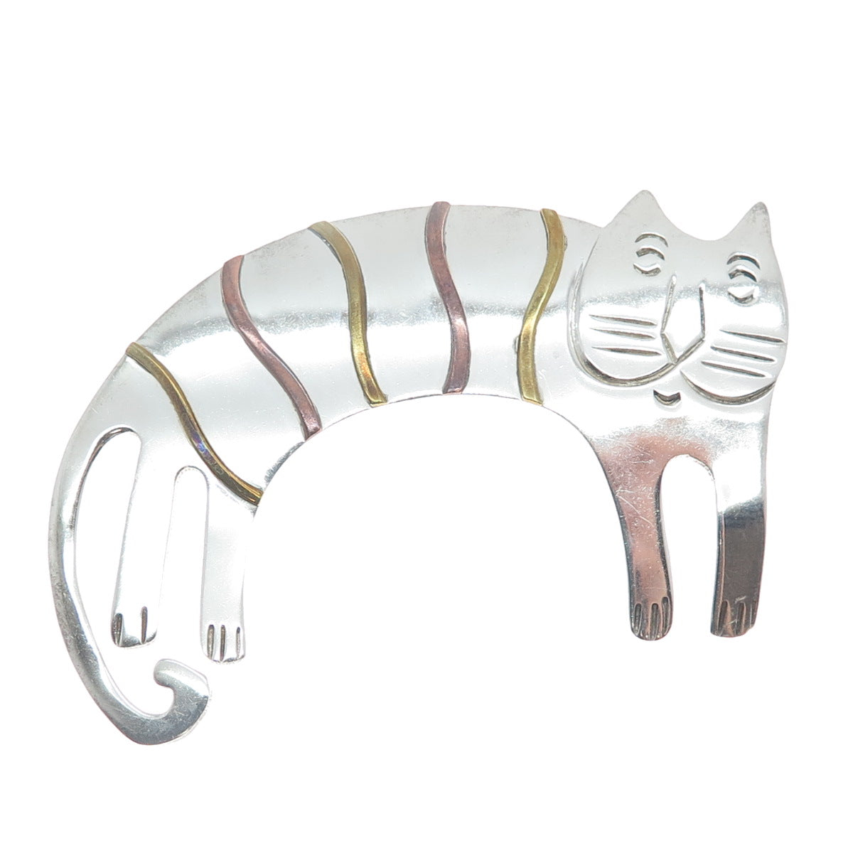 925 Sterling Silver 3-Tone Vintage Mexico Modernist Cat Cartoon Pin Brooch