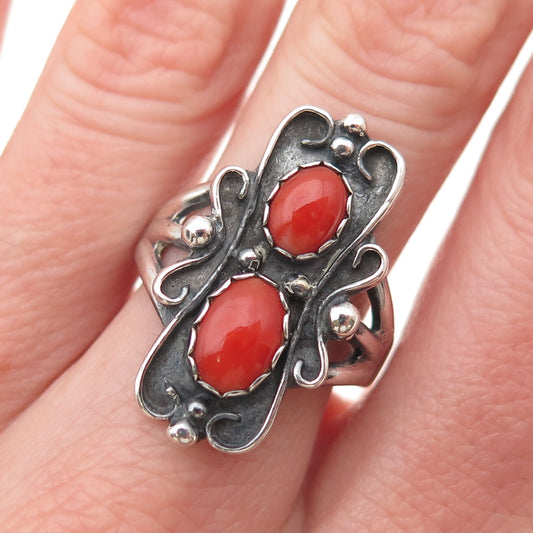 Maisels Indian Post Old Pawn Sterling Silver Vintage Coral Tribal Ring Size 8.75