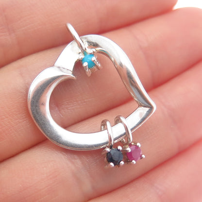 LENOX 925 Sterling Silver Vintage Real Ruby Sapphire & Turquoise Heart Pendant