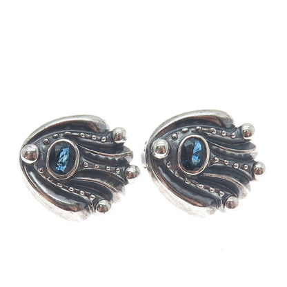 925 Sterling Silver Vintage Real Sapphire Modernist Oxidized Omega Back Earrings
