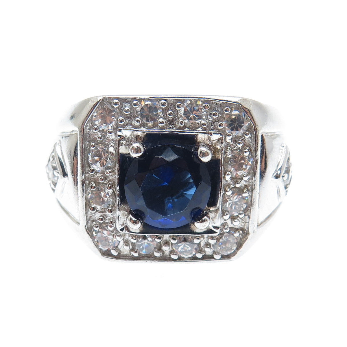 925 Sterling Silver Round-Cut Blue & White C Z Ring Size 10.25