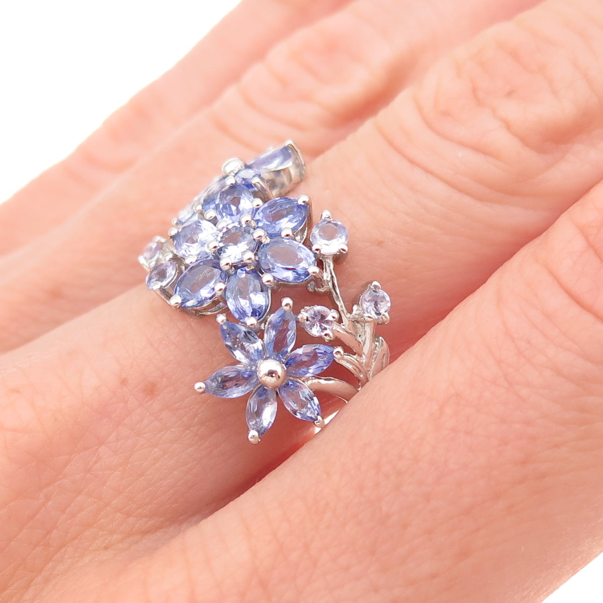 Chuck Clemency 925 Sterling Silver Real Tanzanite Floral Cluster Ring Size 8