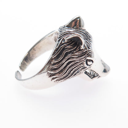 925 Sterling Silver Vintage Wolf Oxidized Adjustable Ring Size 10