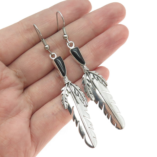 TED OTT Old Pawn 925 Sterling Silver Southwestern Black Onyx Feather Earrings