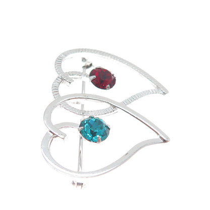 VAN DELL 925 Sterling Silver Antique Art Deco Blue & Red Rhinestone Heart Brooch