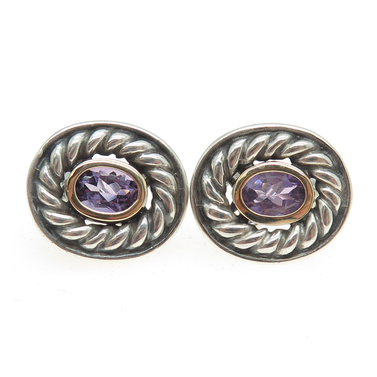 925 Sterling Silver & 14K Yellow Gold Vintage Real Amethyst Omega Back Earrings