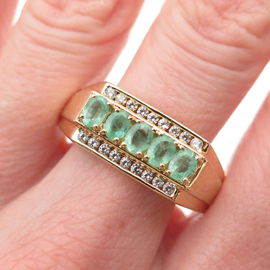 D'JOY 925 Sterling Silver Gold Plated Real Emerald & White Topaz Ring Size 13