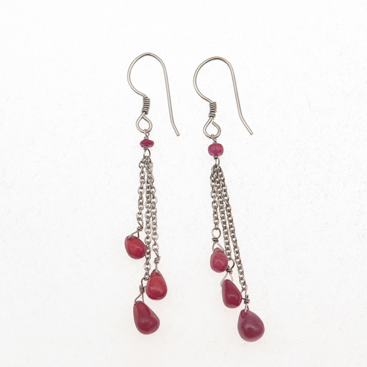 925 Sterling Silver Vintage Real Ruby Tassel Dangle Earrings