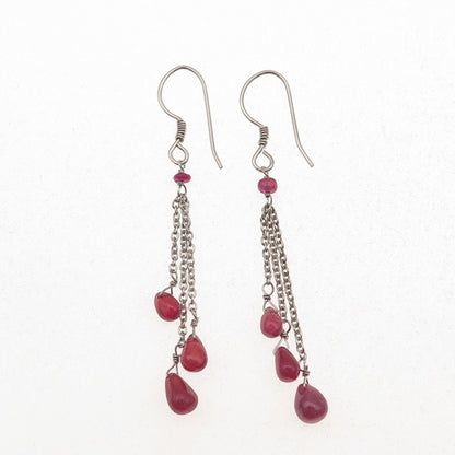 925 Sterling Silver Vintage Real Ruby Tassel Dangle Earrings