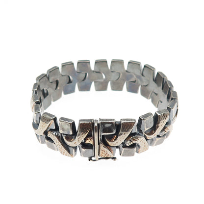 925 Sterling 2-Tone Vintage Italy Wavy Spine Link Hollow Oxidized Bracelet 7"