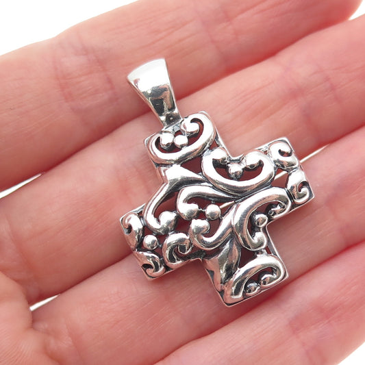 ANNIKA WITT 925 Sterling Silver Vintage Ornate Cross Oxidized Charm Pendant
