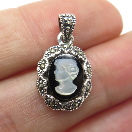 925 Sterling Silver Vintage MOP Black Onyx & Marcasite Gem Cameo Pendant