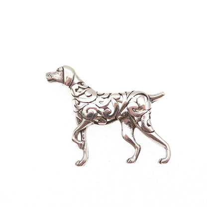 Jezlaine Sterling Silver Vintage Retriever Dog Floral Scroll Oxidized Pin Brooch