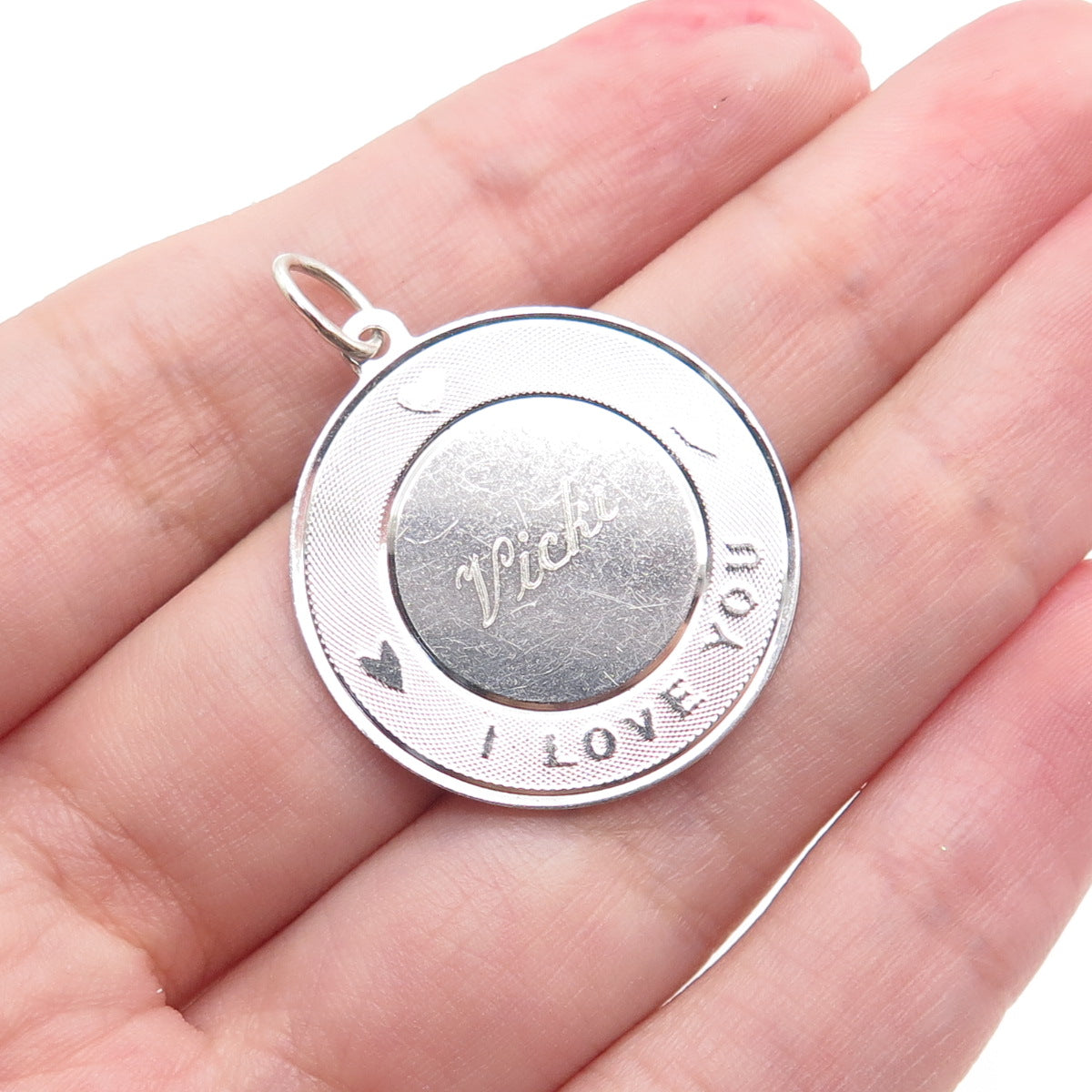 TOWN & COUNTRY Sterling Silver Vintage Engraved I Love You Vicky Charm Pendant