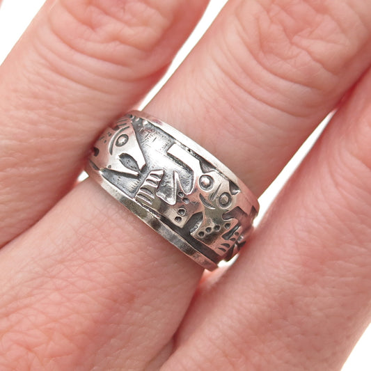 900 Silver Vintage Ecuador Frog & Fish Symbol Adjustable Ring Size 6.25
