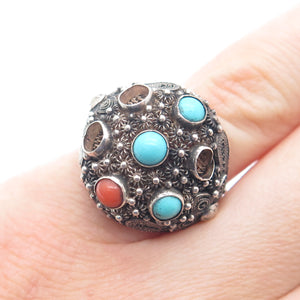 925 Sterling Antique China Turquoise Coral Ring Size 5.25 (missing 3 stones)