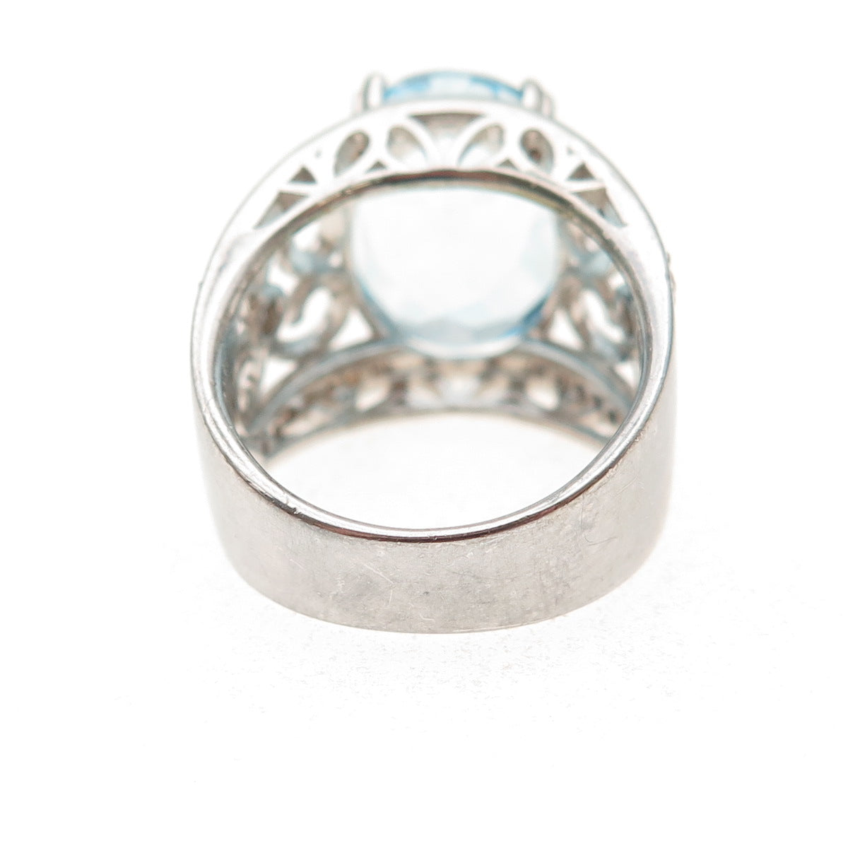 925 Sterling Silver Real Blue & White Topaz Heart Ornate Ring Size 7.25