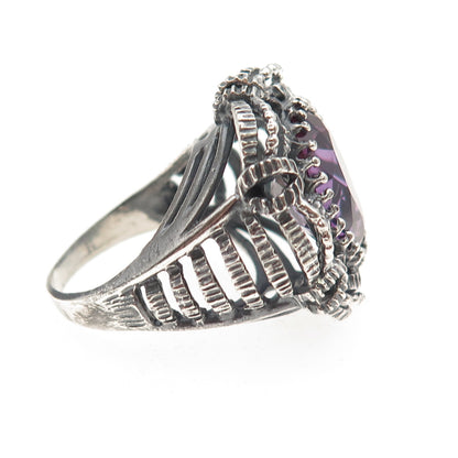 925 Sterling Silver Vintage Lab-Created Peacock Sapphire Oxidized Ring Size 7.5