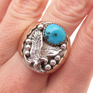 Old Pawn Sterling Silver 2-Tone Vintage Turquoise Eagle Tribal Ring Size 9.25