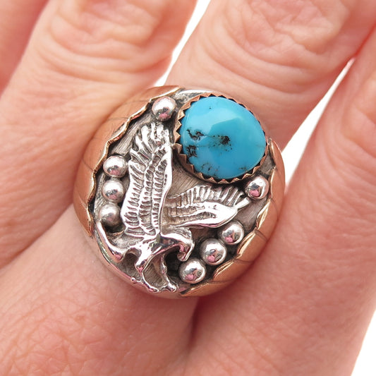 Old Pawn Sterling Silver 2-Tone Vintage Turquoise Eagle Tribal Ring Size 9.25