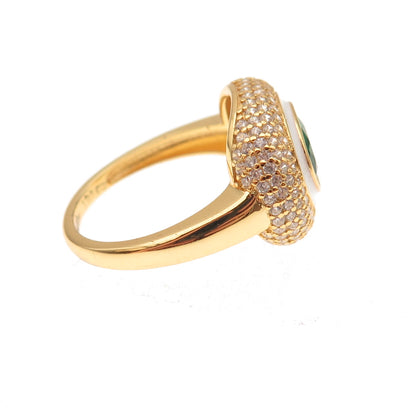 925 Sterling Silver Gold Plated Green & White C Z Ring Size 7