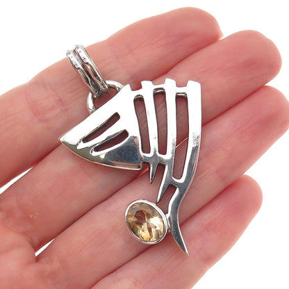 925 Sterling Silver Vintage Real Citrine Modernist Oxidized Pendant