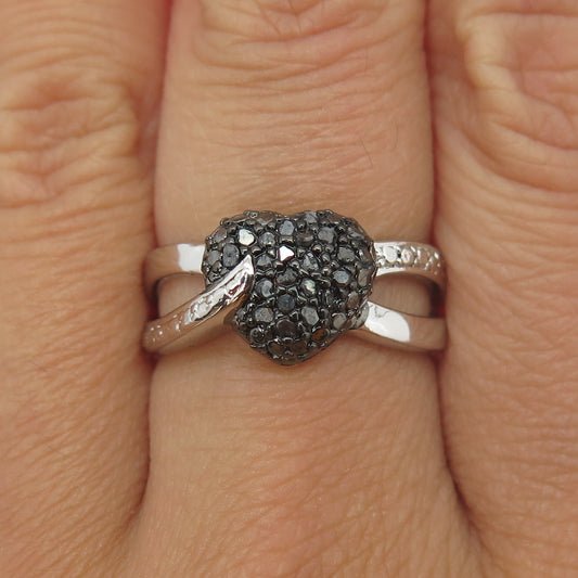 925 Sterling Silver Real Round-Cut Black Diamond Heart Ring Size 7.75