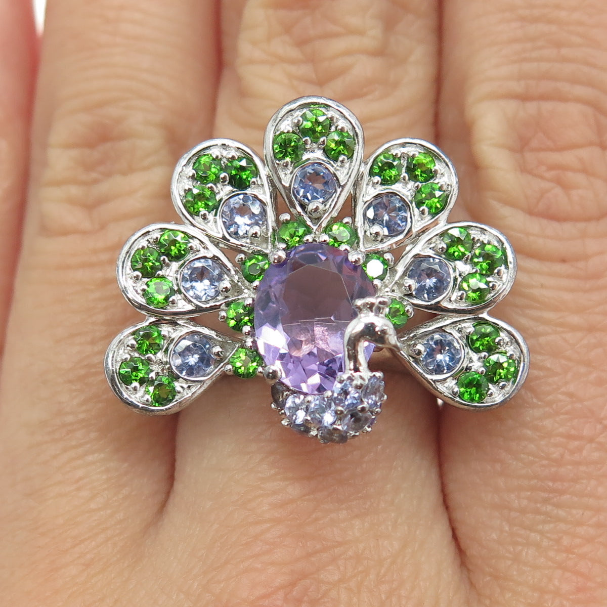 925 Sterling Silver Real Amethyst & Peridot Gemstone Peacock Ring Size 8