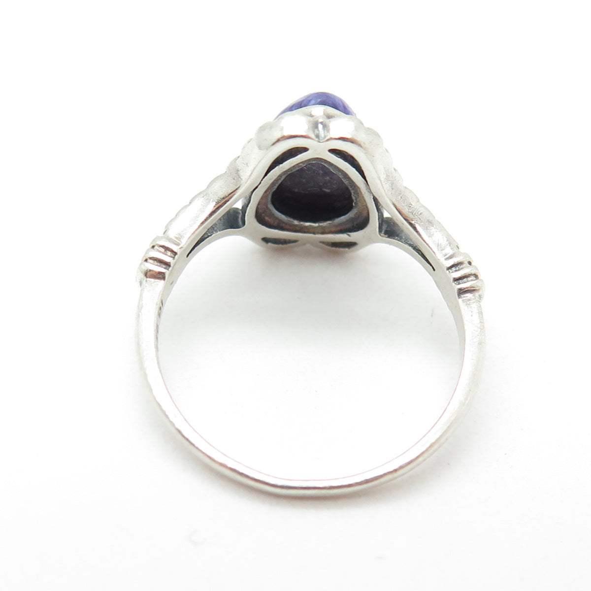 925 Sterling Silver Vintage Real Pear-Cut Charoite Oxidized Ring Size 7.75