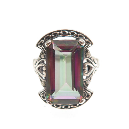 925 Sterling Silver Vintage Real Mystic Quartz & Pearl Oxidized Ring Size 5.75