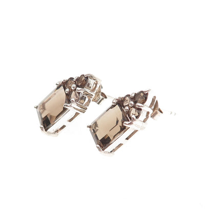 Ken Crafts 925 Sterling Silver Vintage Real Smoky Quartz Earrings