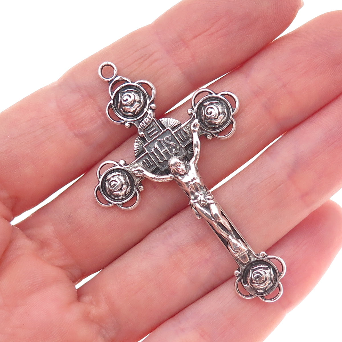 925 Sterling Silver Antique Art Deco Crucifix Rose Cross Charm Pendant