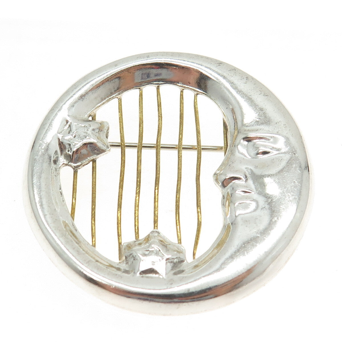 925 Sterling Silver 2-Tone Vintage Mexico Crescent Moon Pin Brooch