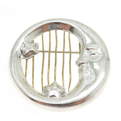 925 Sterling Silver 2-Tone Vintage Mexico Crescent Moon Pin Brooch
