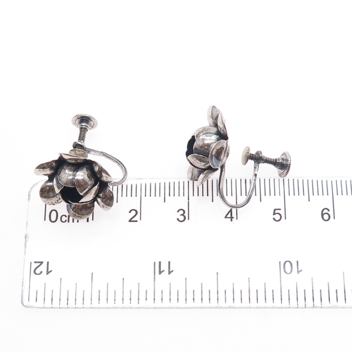 BEAU 925 Sterling Silver Antique Art Deco Rose Oxidized Screw Back Earrings